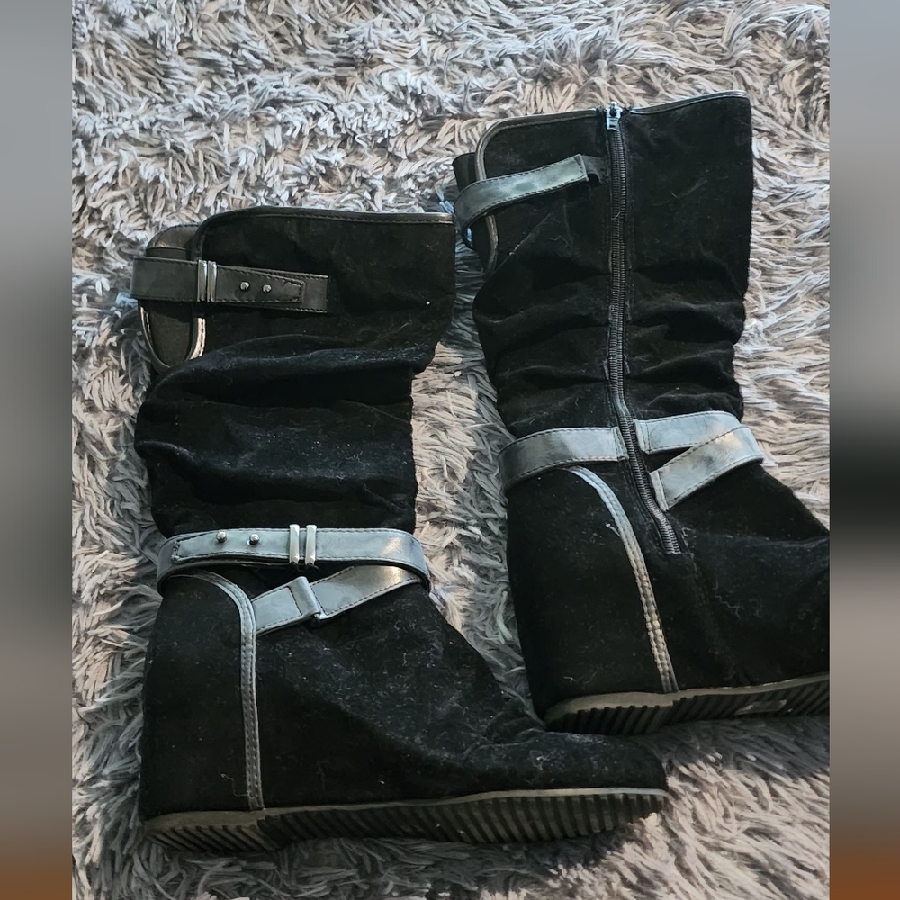 Black and Gray Suede Boots with Buckle Detail